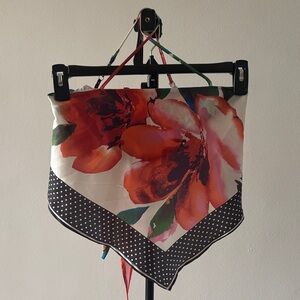 Floral Print Scarf Top with Polka Dot Border